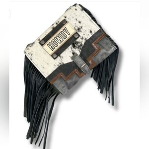 Pure Dixie Hair On Hide Gray Leather Stone Pouch Adjustable Crossbody